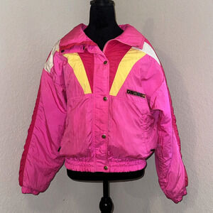 Slalom Vintage Puffer Ski Jacket Women's 10 Pink Pockets Long Sleeve Full Zip